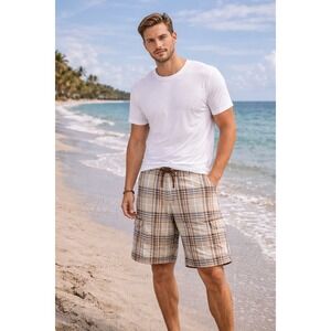 OP Board Shorts Mens 28 Tartan Plaid Adjustable Waist Surfing Beach Water Polo